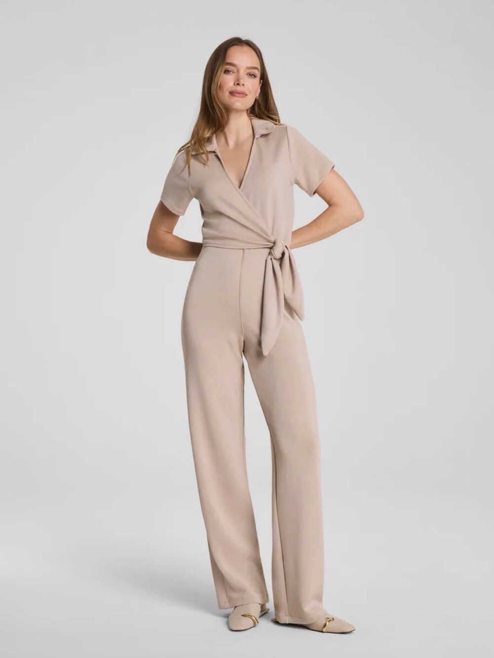 SPANX Collared Tie-Waist Short-Sleeve Faux Wrap Jumpsuit in Dune Medium Tall